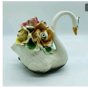 Vintage Compodimonte Large Swan Roses Flowers porcelain Sculpture Figurine